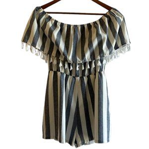 DONATED Striped Off-Shoulder Fringe Trim Romper